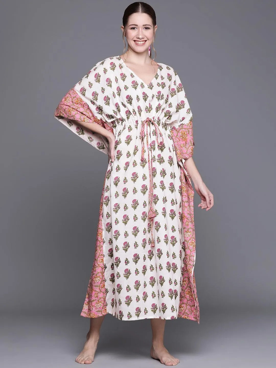 White Cotton Printed Kaftan Nightdress - Jashvi