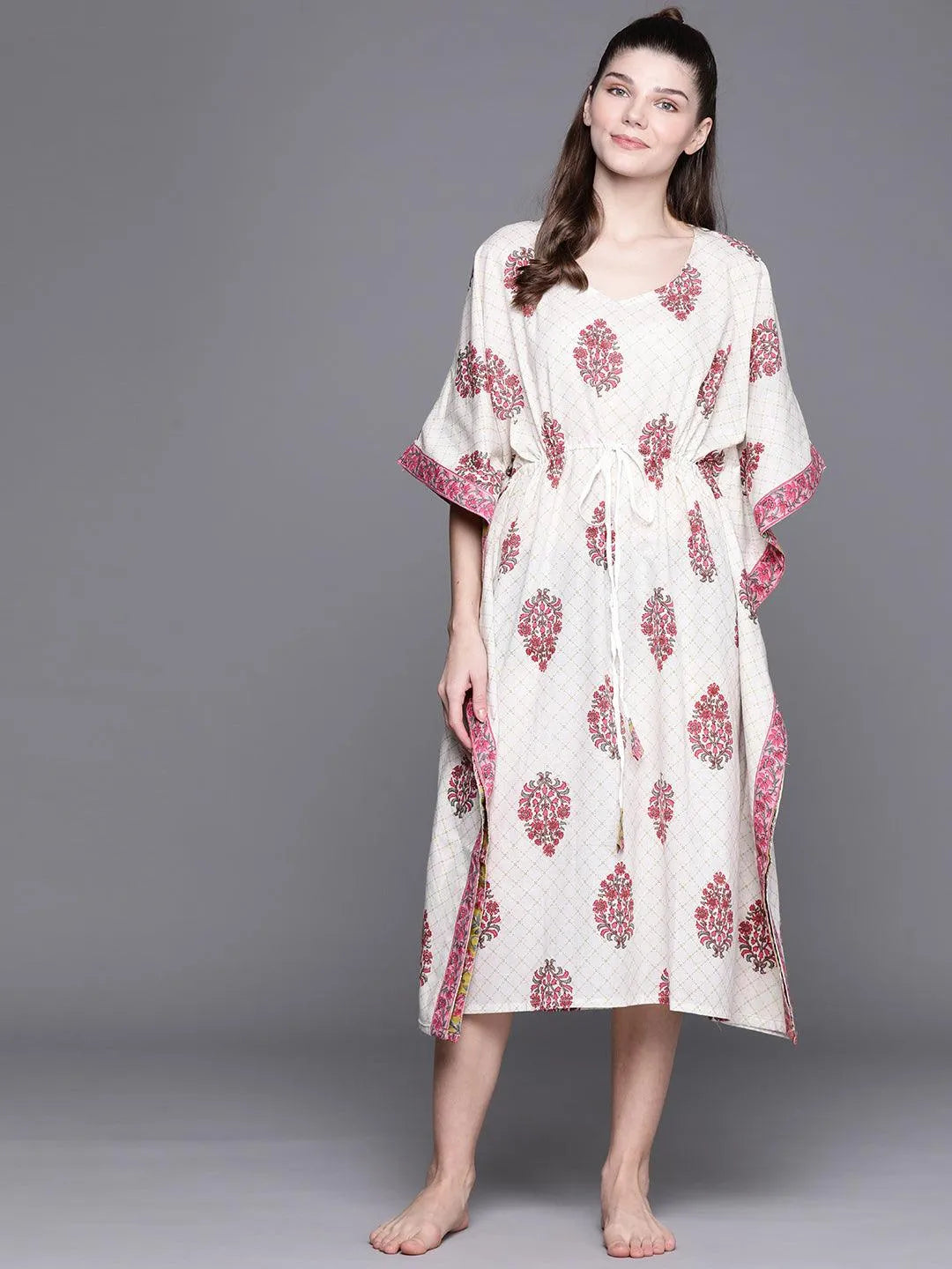 White Cotton Printed Kaftan Nightdress - Jashvi