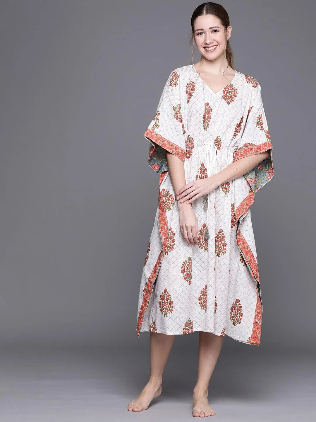 White Cotton Printed Kaftan Nightdress - Jashvi