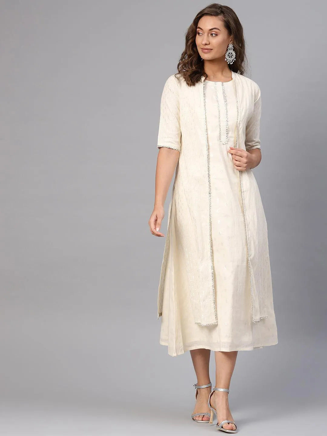 White Embroidered Cotton Dress With Shrug - Jashvi