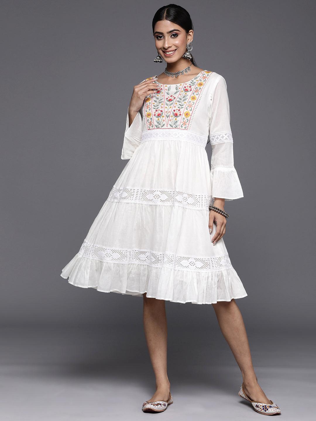 White Embroidered Cotton Fit and Flare Dress - Jashvi