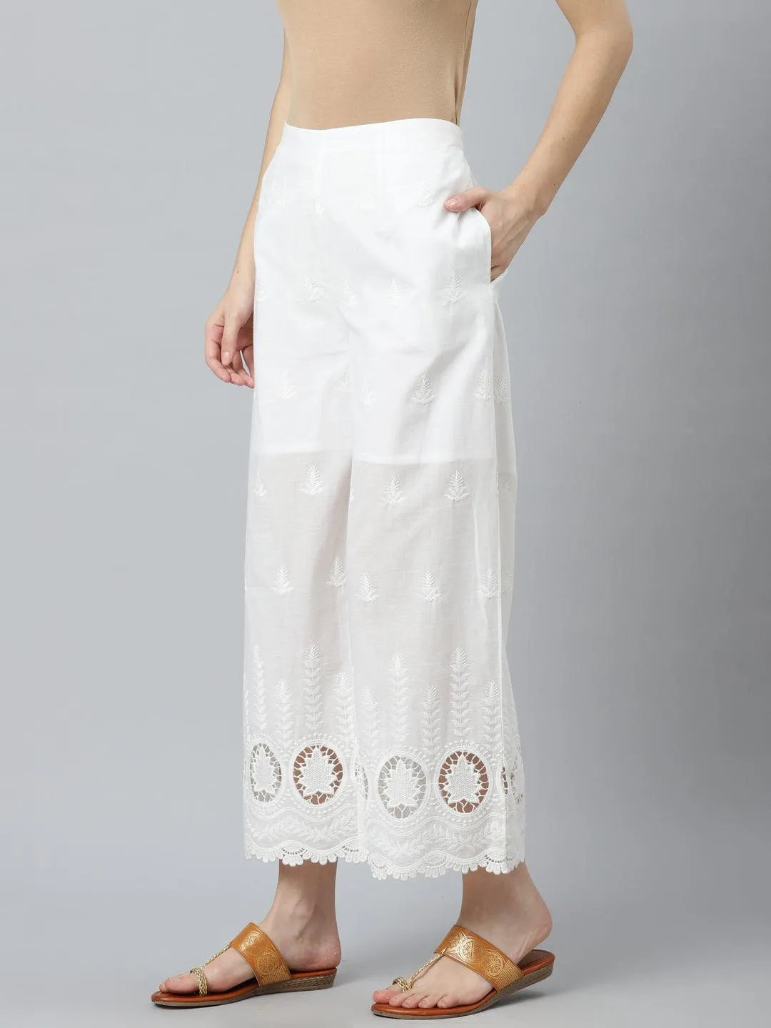 White Embroidered Cotton Palazzos - Jashvi