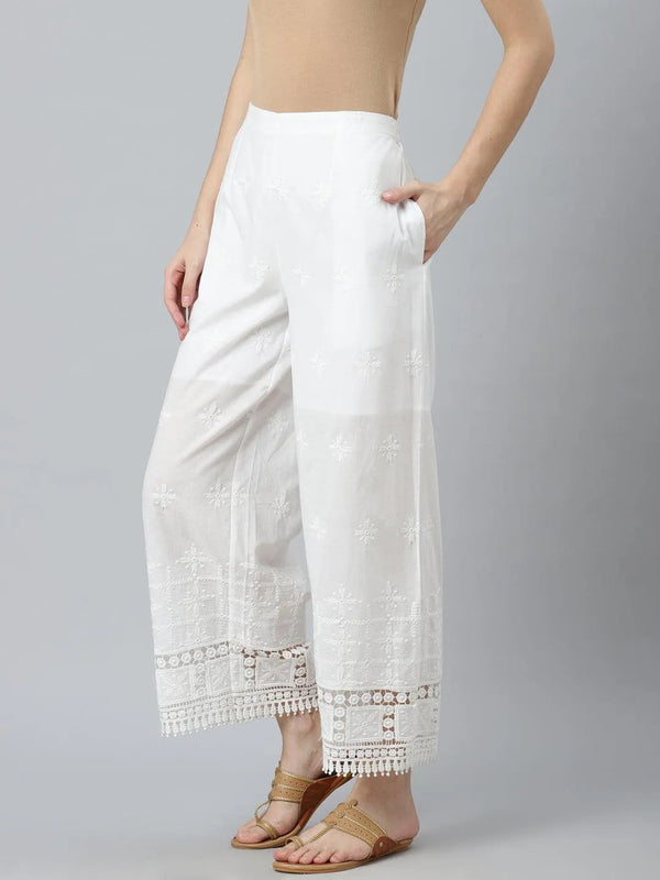 White Embroidered Cotton Palazzos - Jashvi