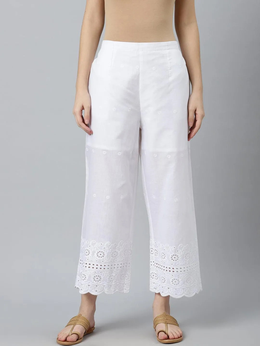 White Embroidered Cotton Palazzos - Jashvi