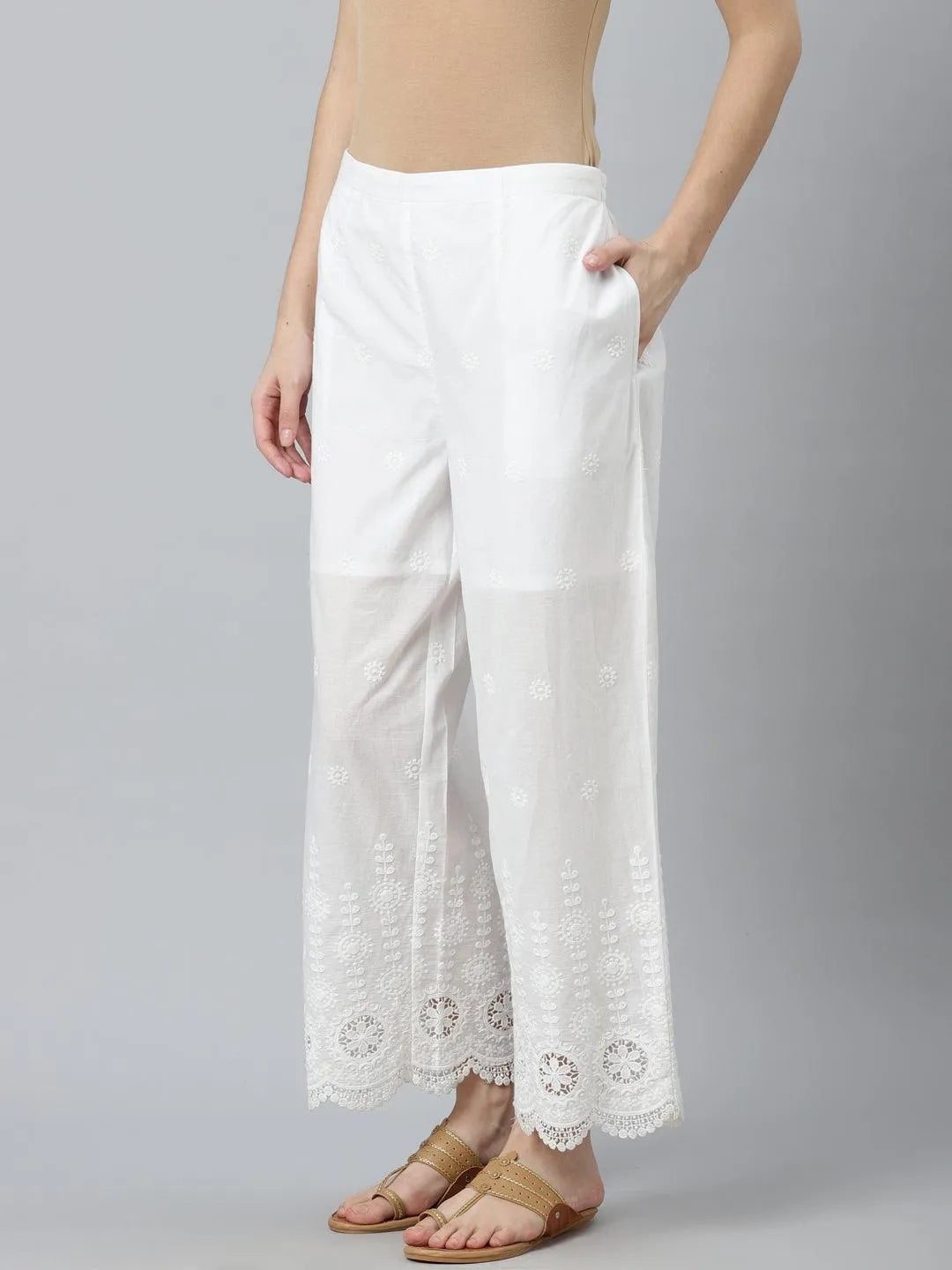 White Embroidered Cotton Palazzos - Jashvi