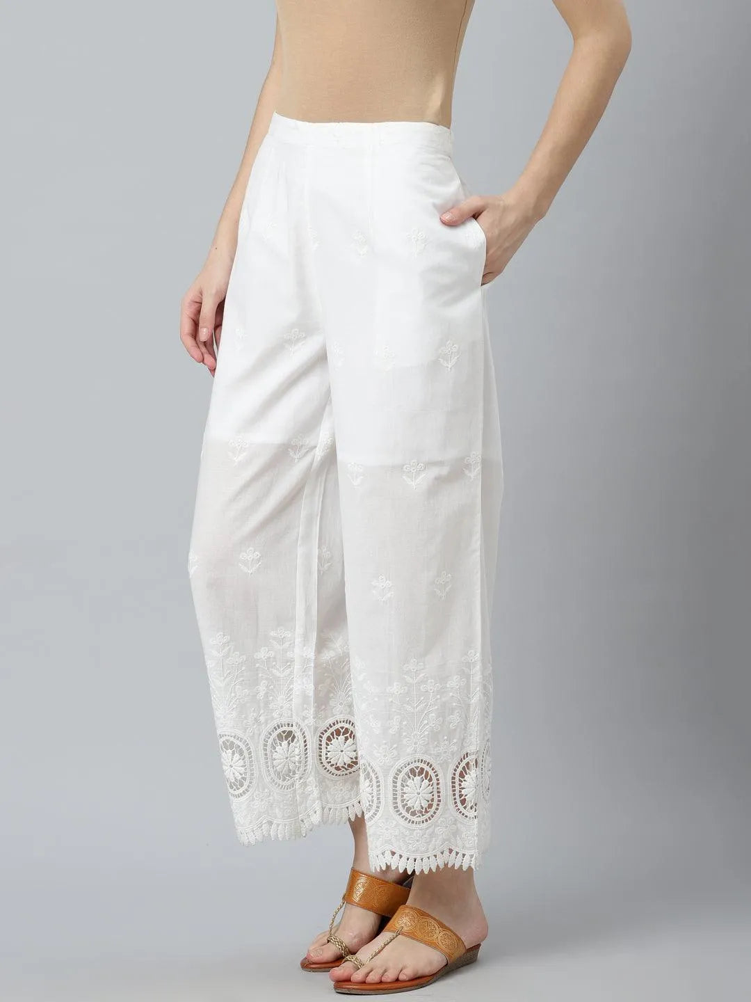 White Embroidered Cotton Palazzos - Jashvi