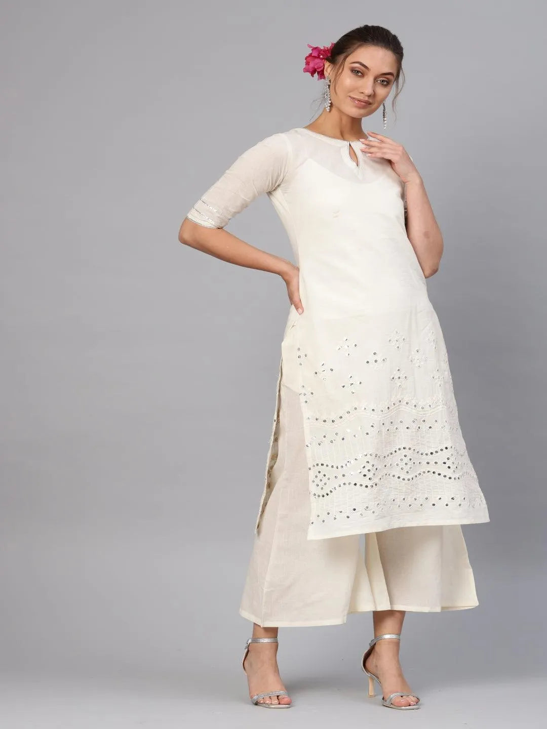 White Embroidered Cotton Kurta Set - Jashvi