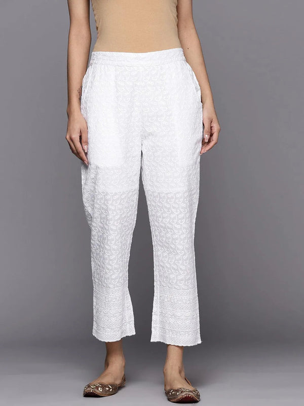 White Embroidered Cotton Trousers - Jashvi