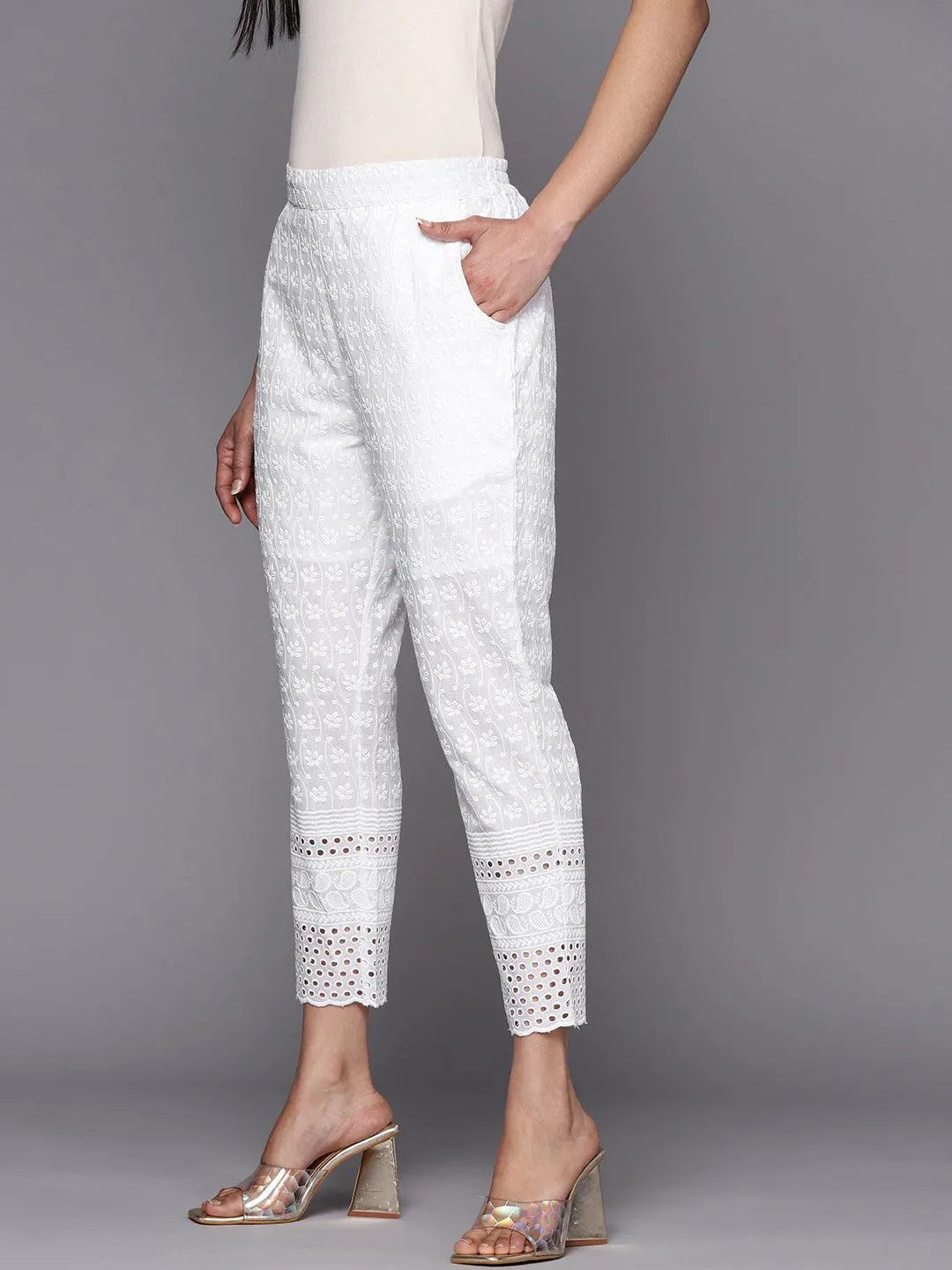 White Embroidered Cotton Trousers - Jashvi