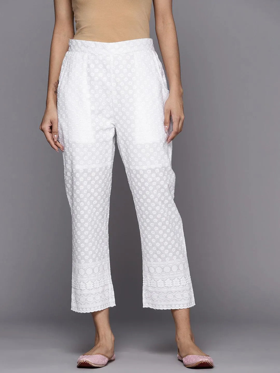 White Embroidered Cotton Trousers - Jashvi