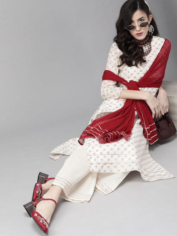 Women's White Floral Printed Straight Kurta Palazzo With Dupatta Set - Odette