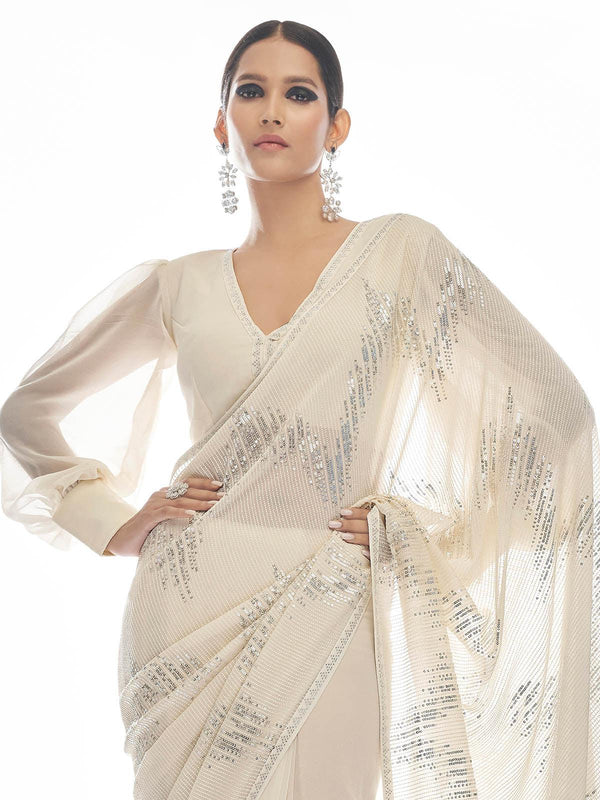 Women's White Georgette Sequin Saree - Odette