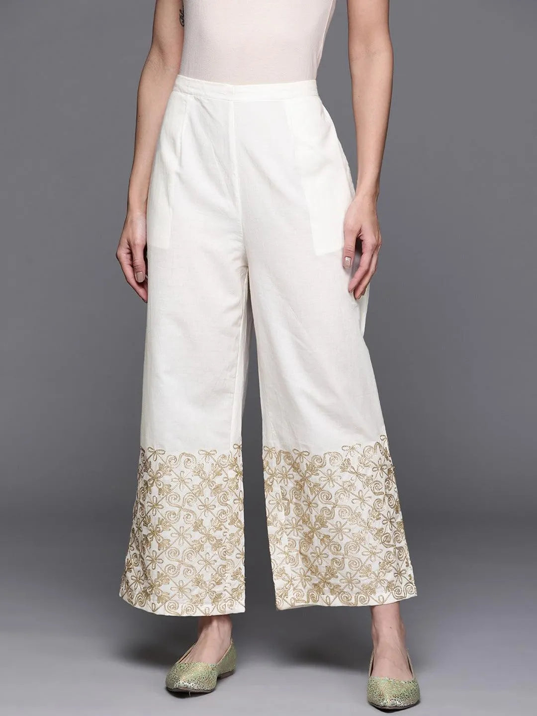 White Hem Design Cotton Palazzos - Jashvi