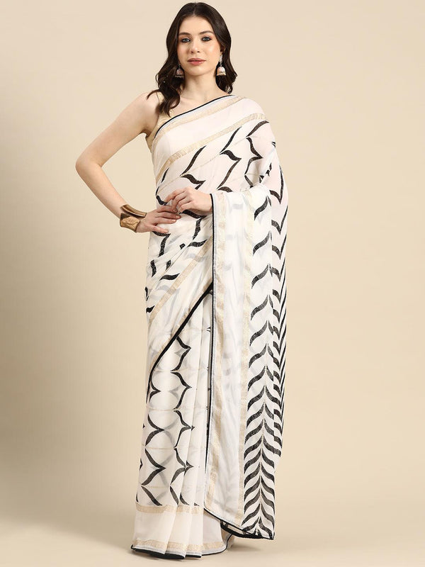 White Printed Chiffon Saree - Jashvi