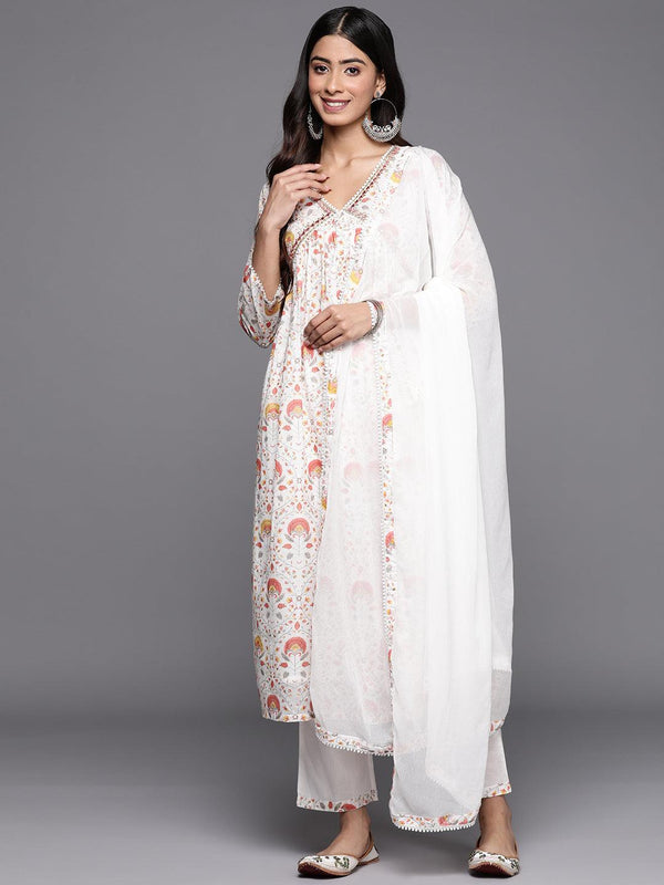 White Printed Cotton A-Line Suit Set With Trousers - Jashvi