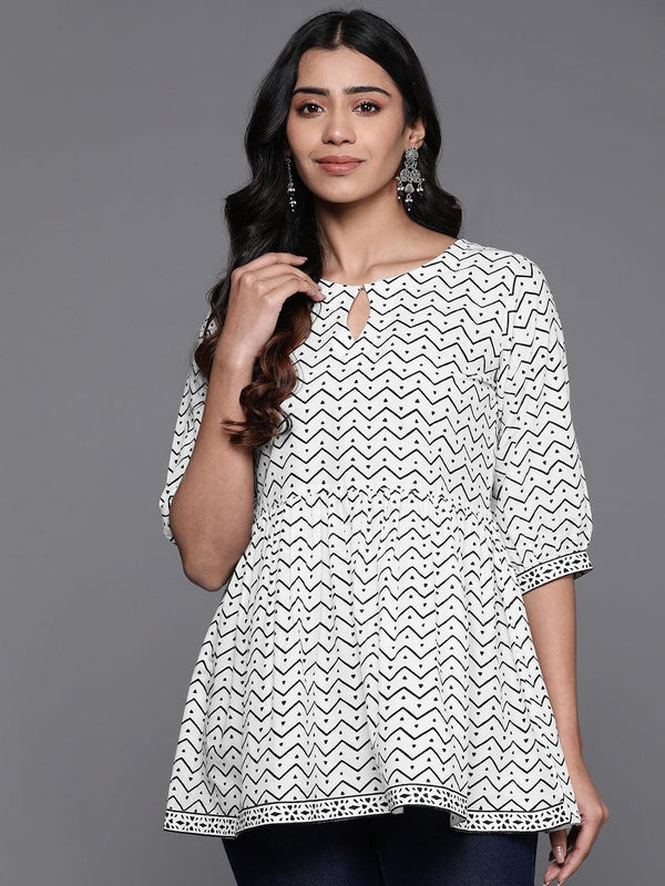 White Printed Cotton A-Line Kurti - Jashvi