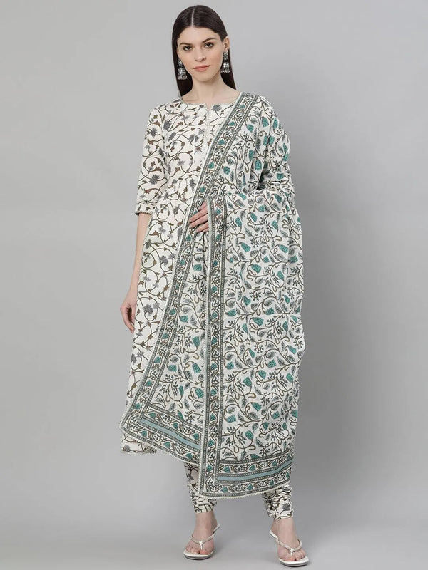 White Printed Cotton Suit Set - Jashvi