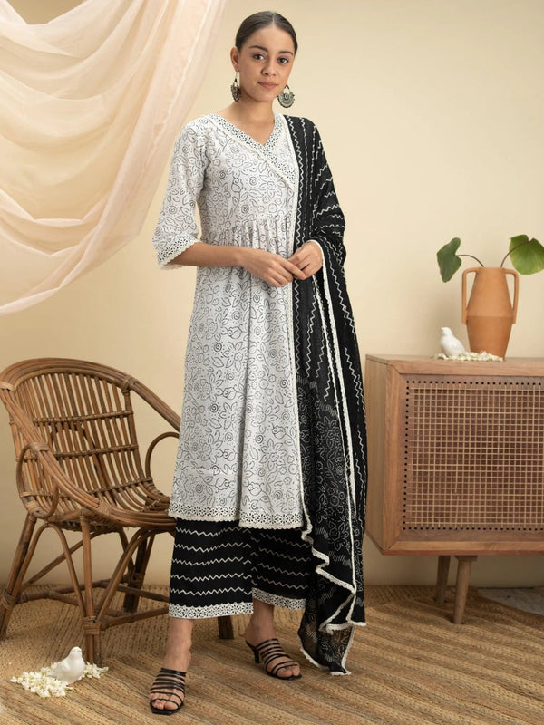 White Printed Cotton Suit Set - Jashvi