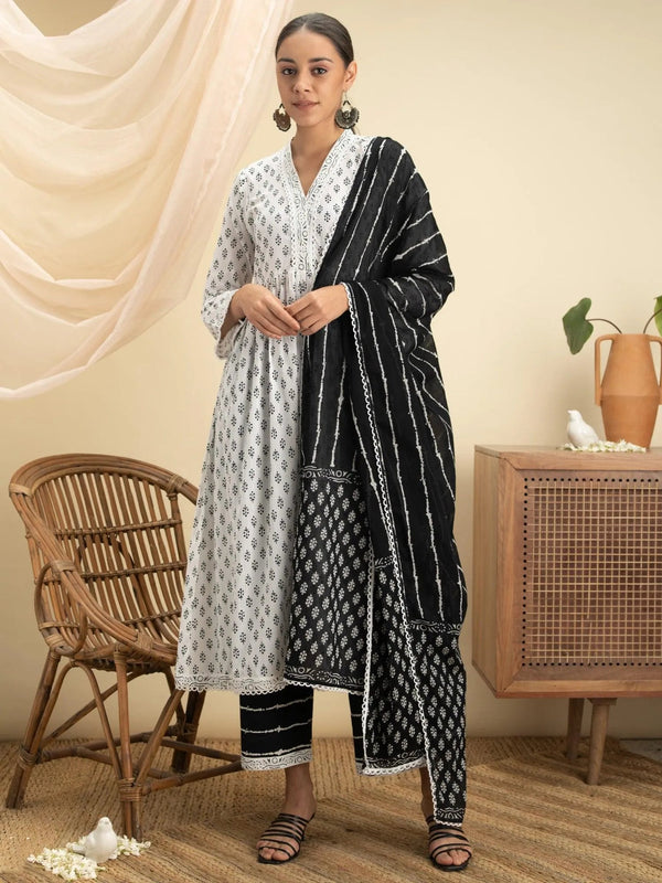 White Printed Cotton Suit Set - Jashvi