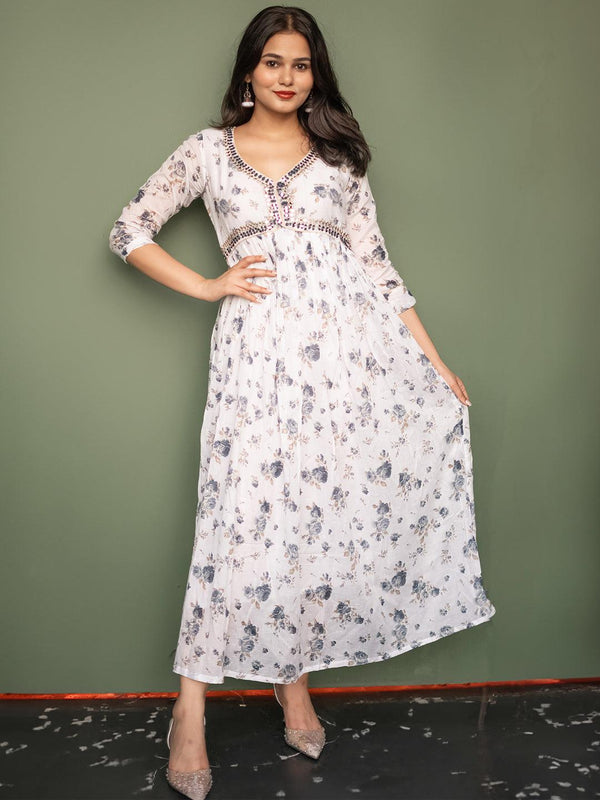 White Printed Cotton Fit and Flare Dress - Jashvi