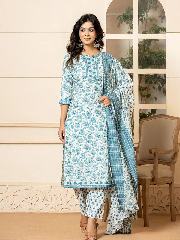 White Printed Cotton Kurta Dupatta Set