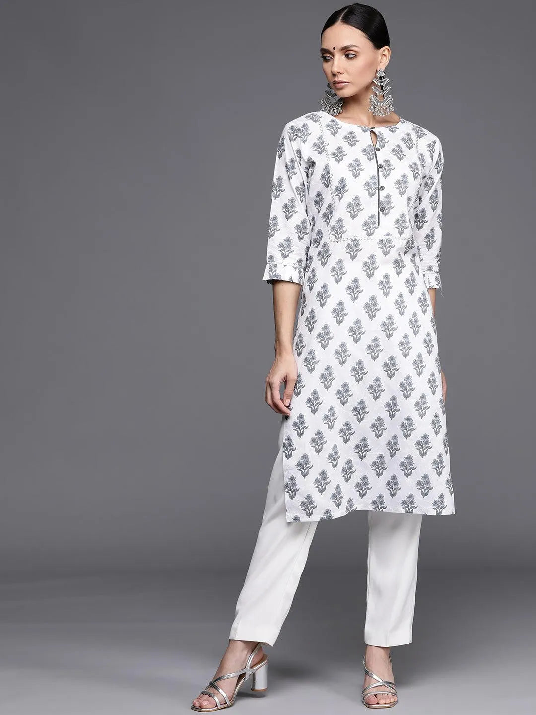 White Printed Cotton Kurta - Jashvi