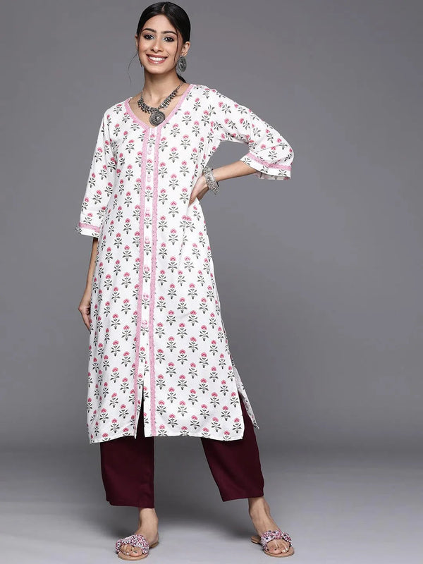 White Printed Cotton Kurta - Jashvi