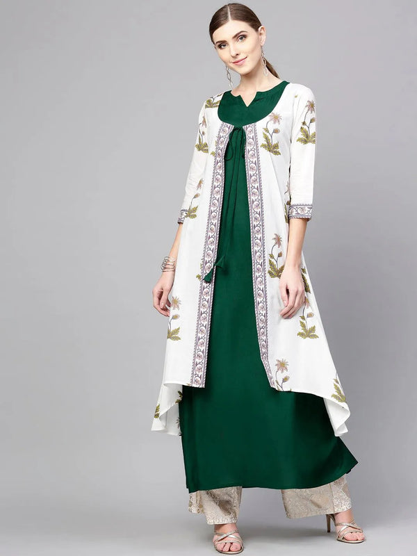 White Printed Cotton Kurta With Jacket - Jashvi