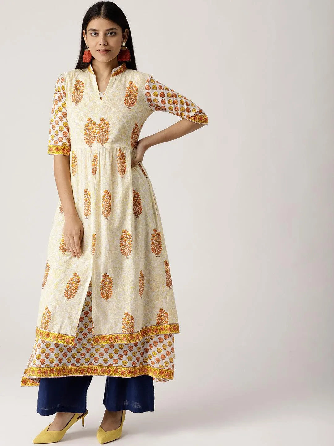 White Printed Cotton Kurta With Jacket - Jashvi