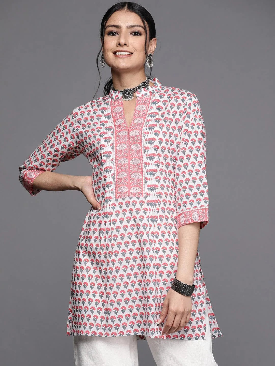 White Printed Cotton Kurti - Jashvi