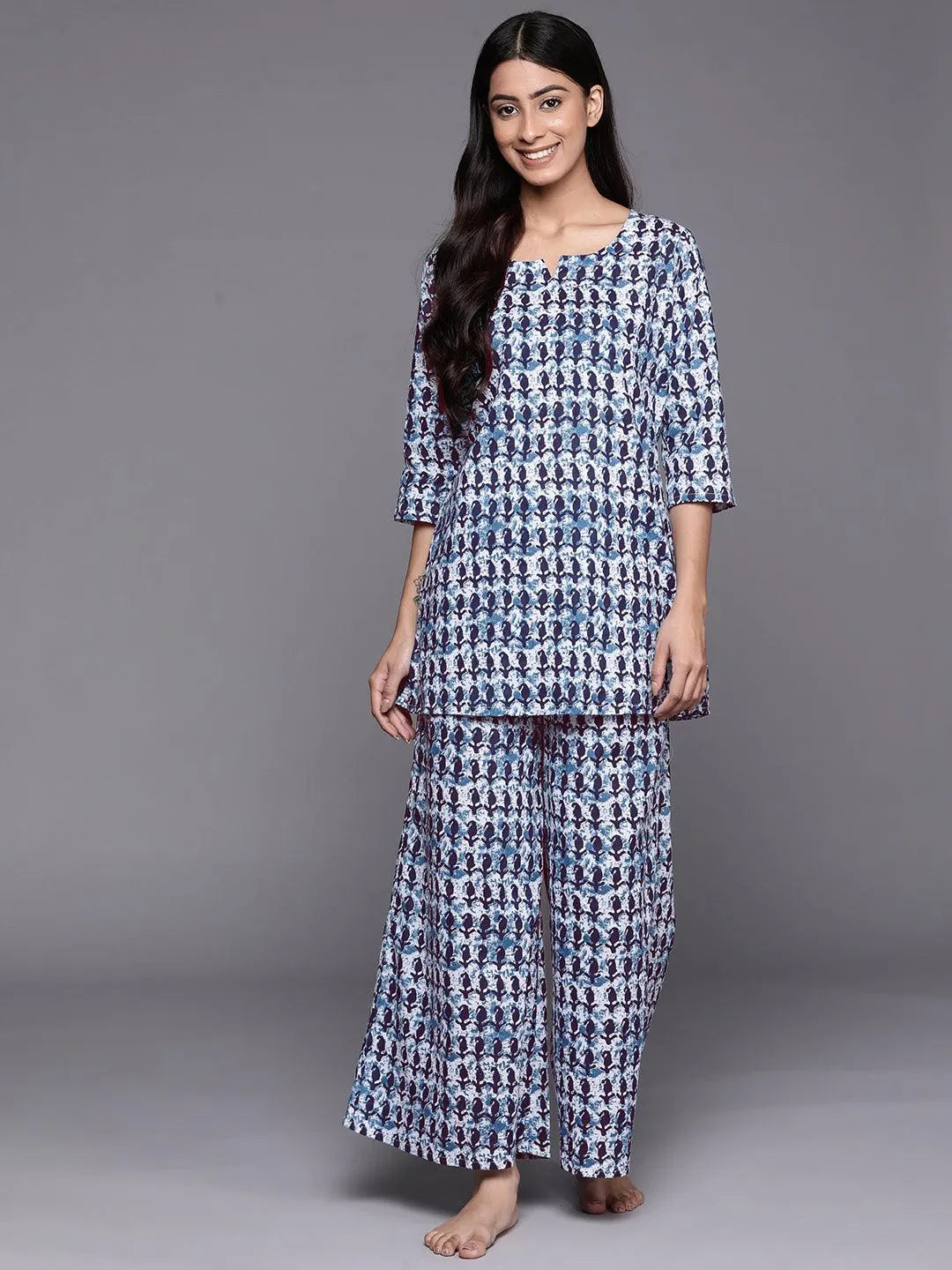 White Printed Cotton Night Suit - Jashvi