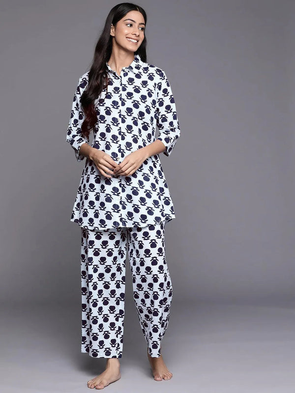 White Printed Cotton Night Suit - Jashvi