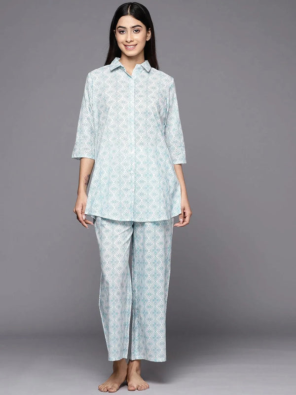 White Printed Cotton Night Suit - Jashvi