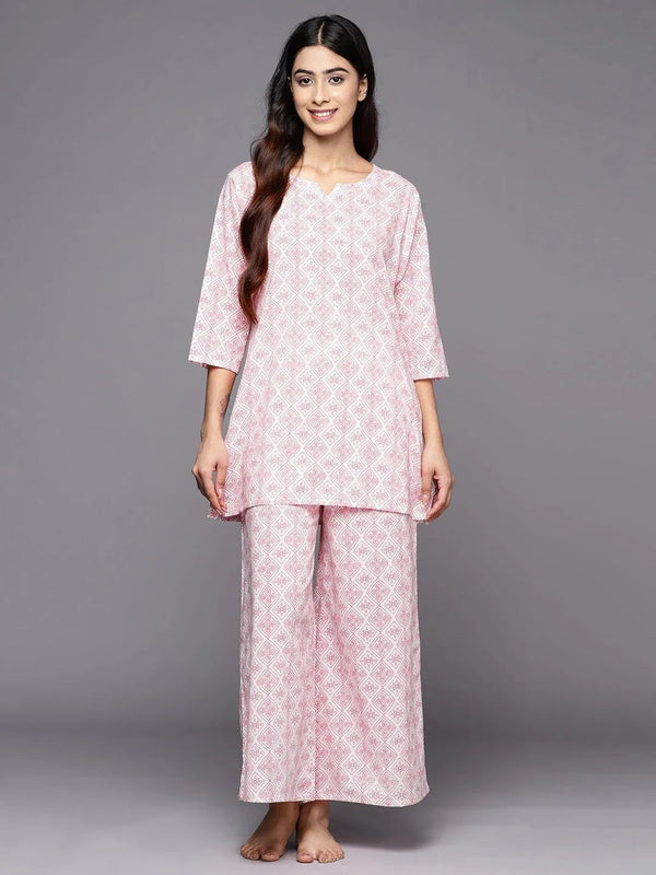 White Printed Cotton Night Suit - Jashvi