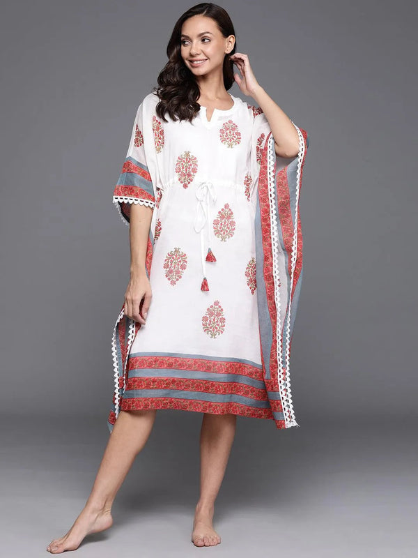 White Printed Cotton Nightdress - Jashvi