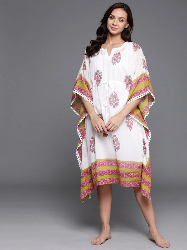 White Printed Cotton Nightdress - Jashvi