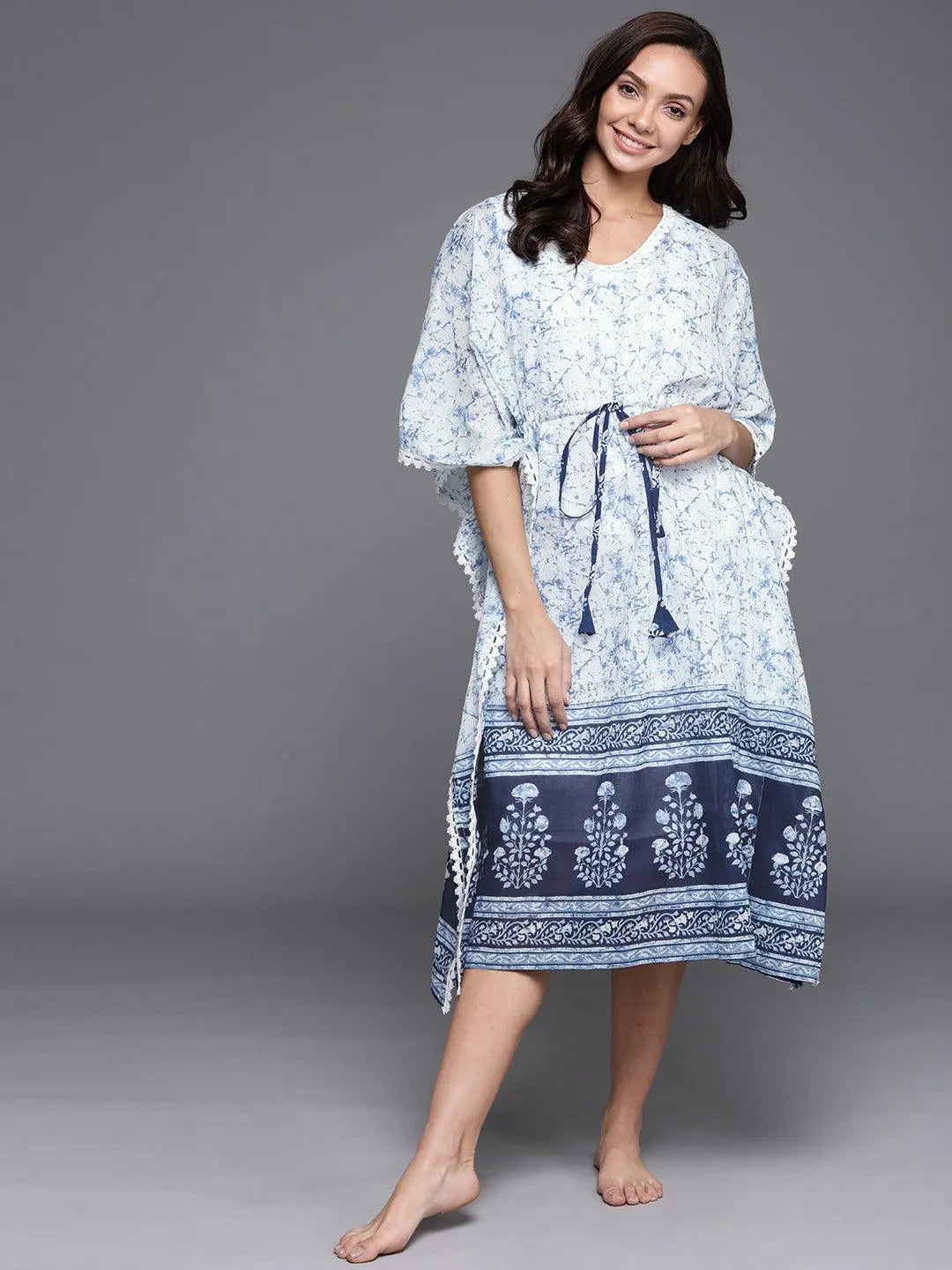 White Printed Cotton Nightdress - Jashvi