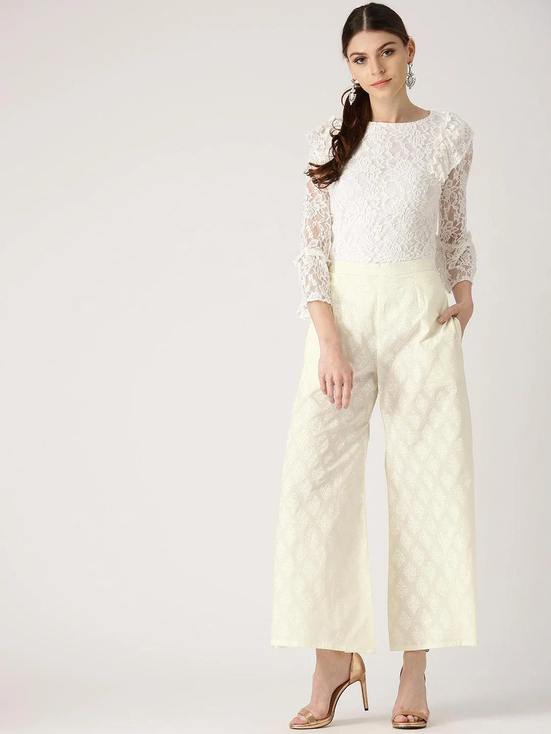 White Printed Cotton Palazzos - Jashvi