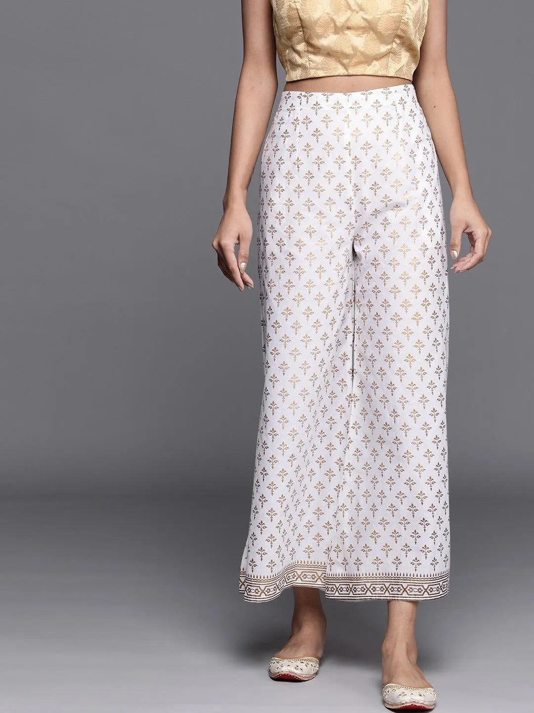 White Printed Cotton Palazzos - Jashvi