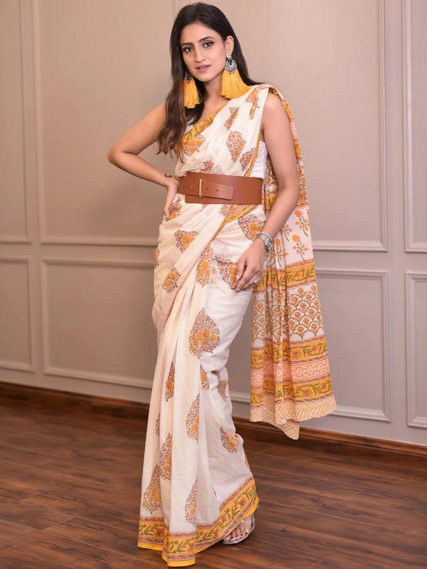 White Printed Cotton Saree - Jashvi