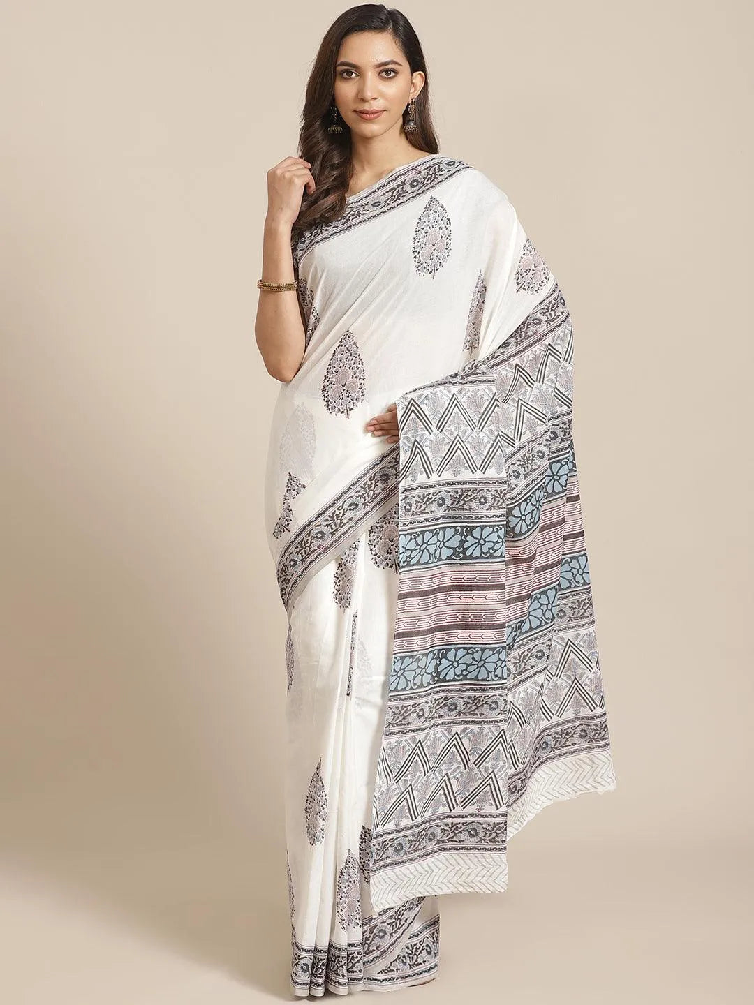 White Printed Cotton Saree - Jashvi