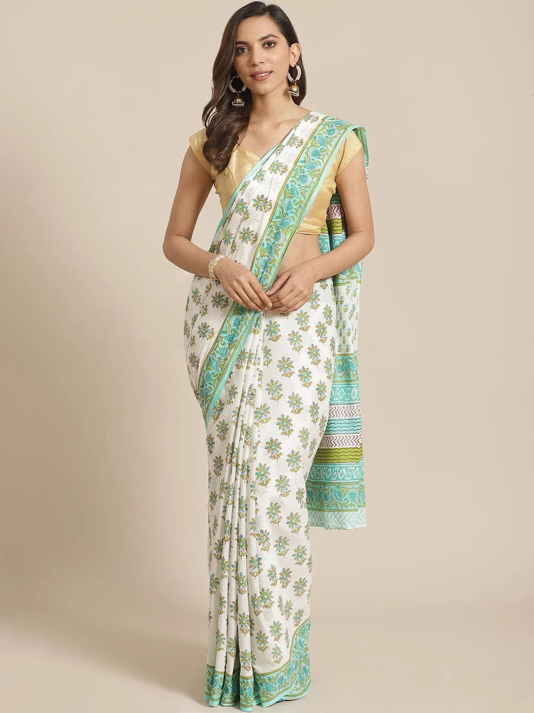 White Printed Cotton Saree - Jashvi