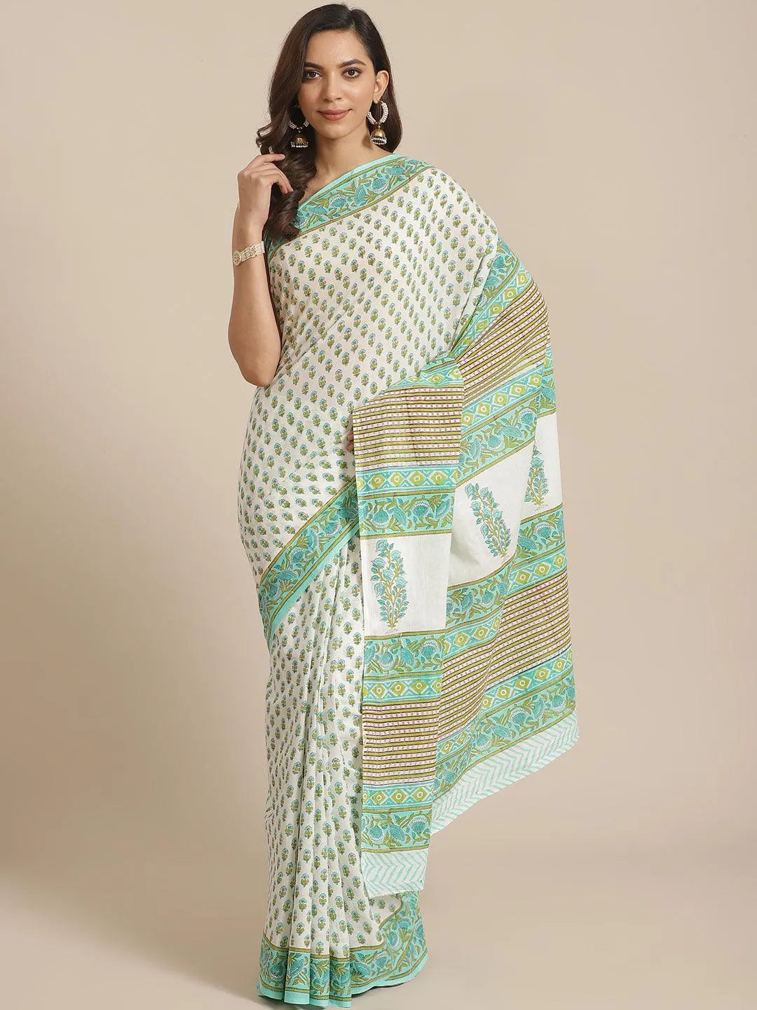 White Printed Cotton Saree - Jashvi