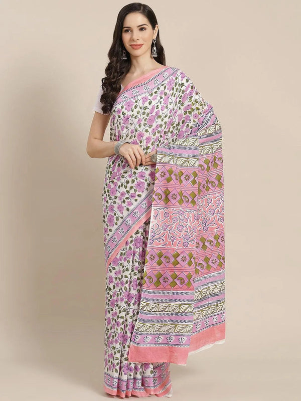 White Printed Cotton Saree - Jashvi