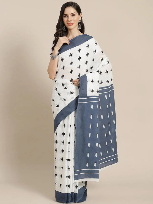 White Printed Cotton Saree - Jashvi