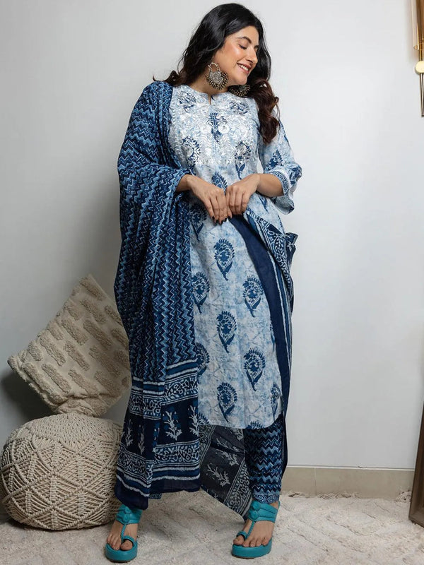 White Printed Cotton Suit Set - Jashvi