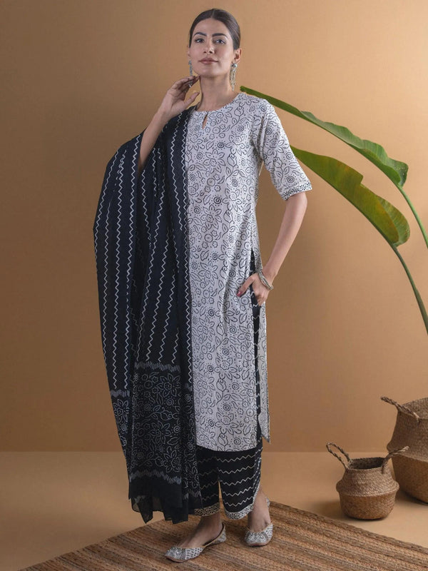 White Printed Cotton Suit Set - Jashvi