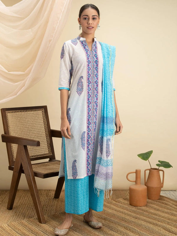 White Printed Cotton Suit Set - Jashvi