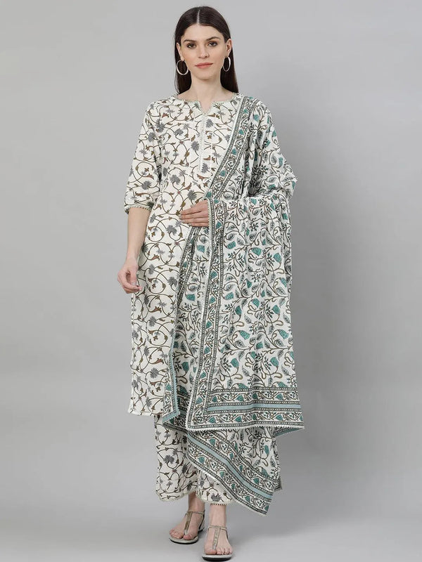 White Printed Cotton Suit Set - Jashvi