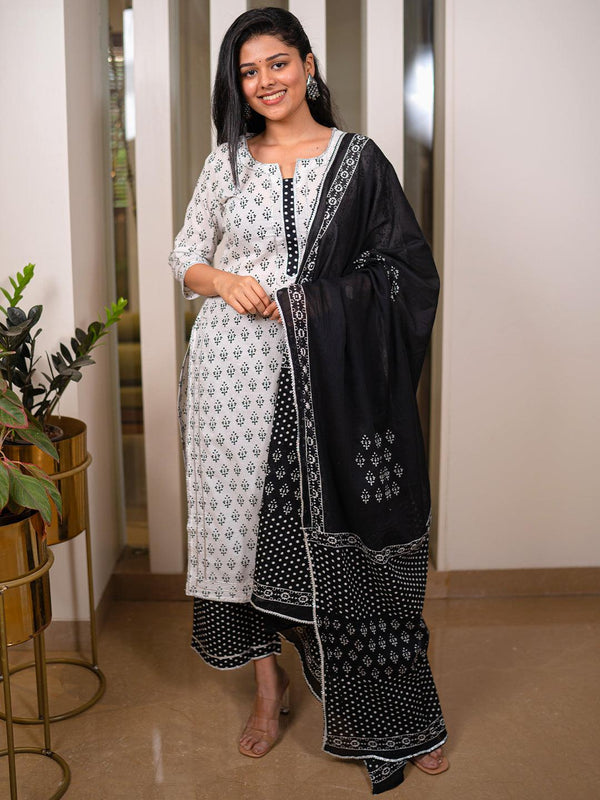 White Printed Cotton Straight Kurta With Palazzos & Dupatta - Jashvi